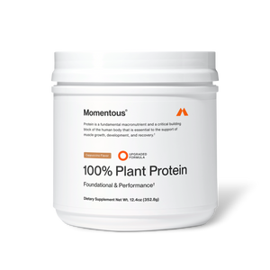 Container of 100% Plant Protein - Flavor Series in cappuccino flavor with clean white packaging, highlighting foundational and performance benefits as a wellness supplement.