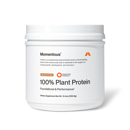 Container of 100% Plant Protein - Flavor Series in cappuccino flavor with clean white packaging, highlighting foundational and performance benefits as a wellness supplement.
