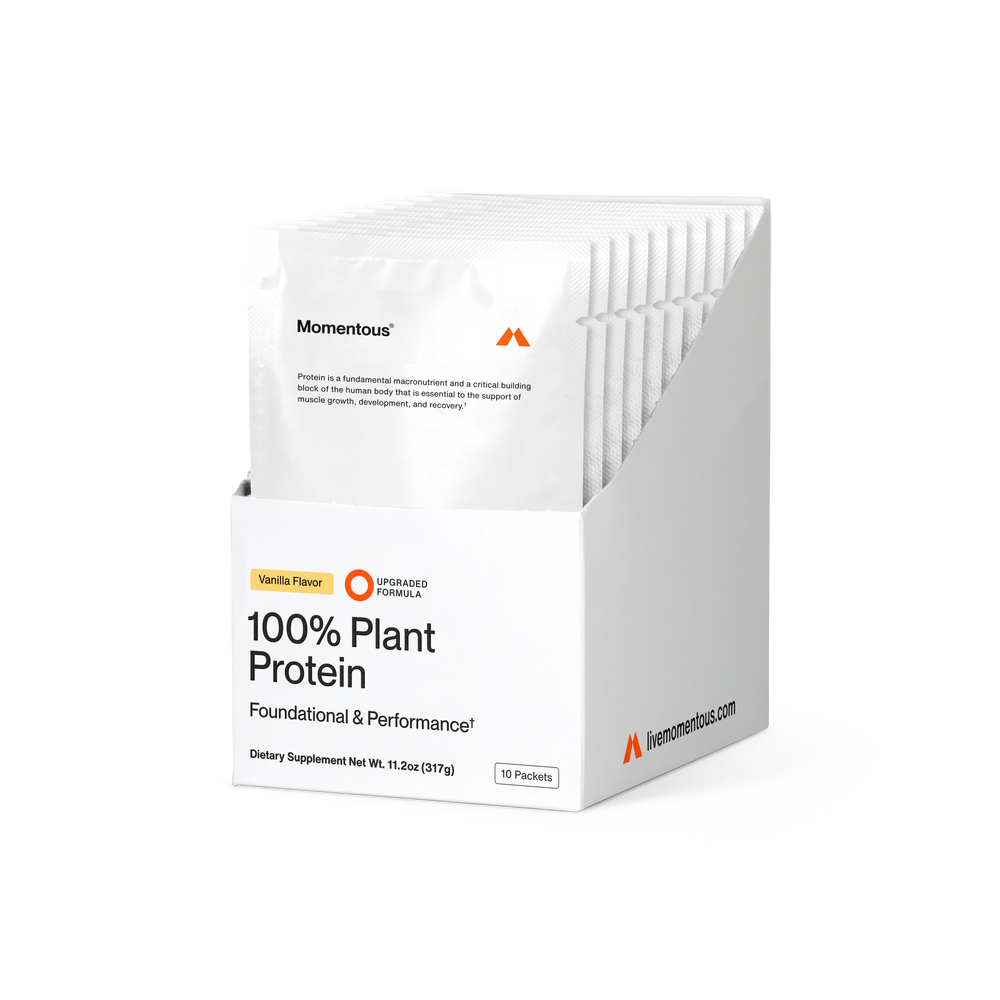 Box containing multiple 100% Plant Protein 10-Travel Packs in chocolate flavor, designed as a dietary supplement for foundational and performance nutrition.