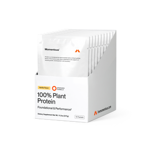Box of 100% Plant Protein 10-Travel Packs in vanilla flavor, featuring a clean white design highlighting wellness supplements for muscle support and recovery.