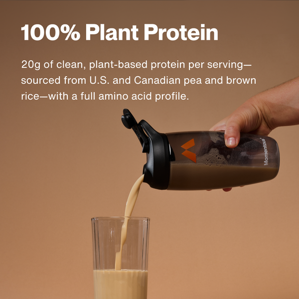 100% Plant Protein 10-Travel Packs shown as a protein shake poured from a shaker bottle into a glass for convenient wellness supplementation
