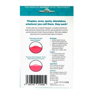 Packaging of Popspot Spot Treatment - Acne & Pimple Remover Dot (48 Pack) | Popmask showing product information, usage directions, cautions, and ingredients for a skincare acne treatment.