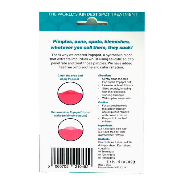 Packaging of Popspot Spot Treatment - Acne & Pimple Remover Dot (48 Pack) | Popmask showing product information, usage directions, cautions, and ingredients for a skincare acne treatment.