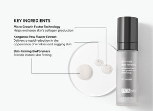 ProMax Age Renewal | PCA Skin bottle displayed next to a clear dish with cream samples, highlighting key ingredients Micro Growth Factor Technology, Kangaroo Paw Flower Extract, and Skin-Firming BioPolymers for skincare benefits.