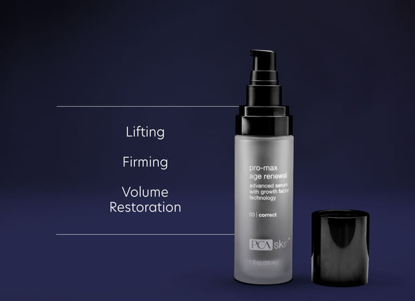 ProMax Age Renewal | PCA Skin serum bottle with pump and cap, highlighting lifting, firming, and volume restoration benefits for skincare and anti-aging.
