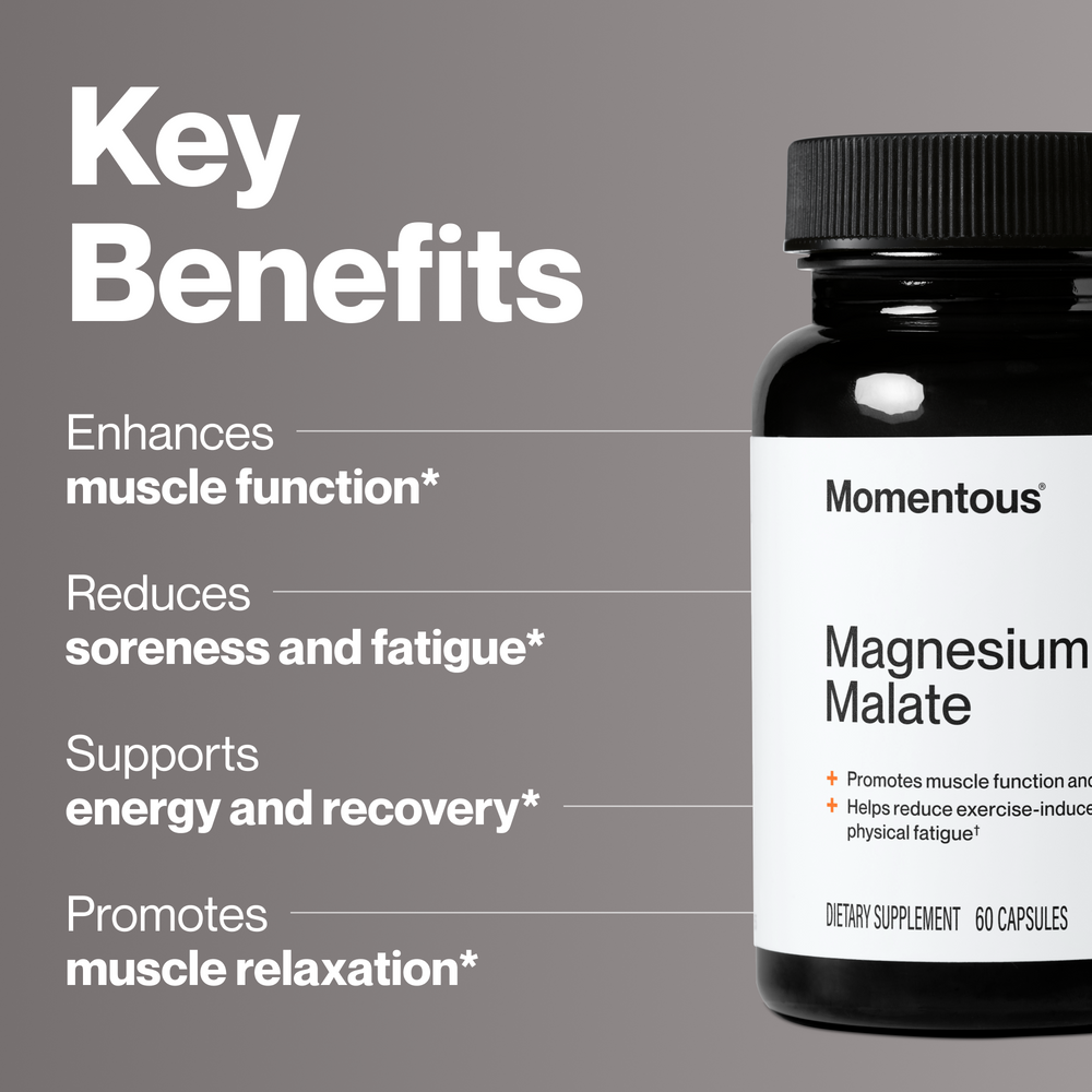 Magnesium Malate bottle with a black cap and white label displaying the product name and orange logo on a white background