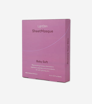 LightStim SheetMasque | LightStim packaging for Baby Soft skincare masque, promoting soft, glowing skin with hydrators, peptides, and antioxidants for a rejuvenating effect.
