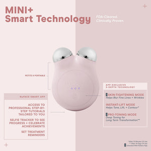 MINI+ Starter Kit | NuFACE device shown with key features including petite and portable design, app-exclusive 3-depth technology for skin-tightening, instant-lift, and pro-toning modes.