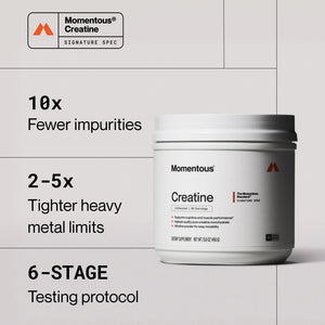 Container of Creatine - 90 Servings supplement highlighting features like 10 times fewer impurities, 2 to 5 times tighter heavy metal limits, and a 6-stage testing protocol for quality assurance.