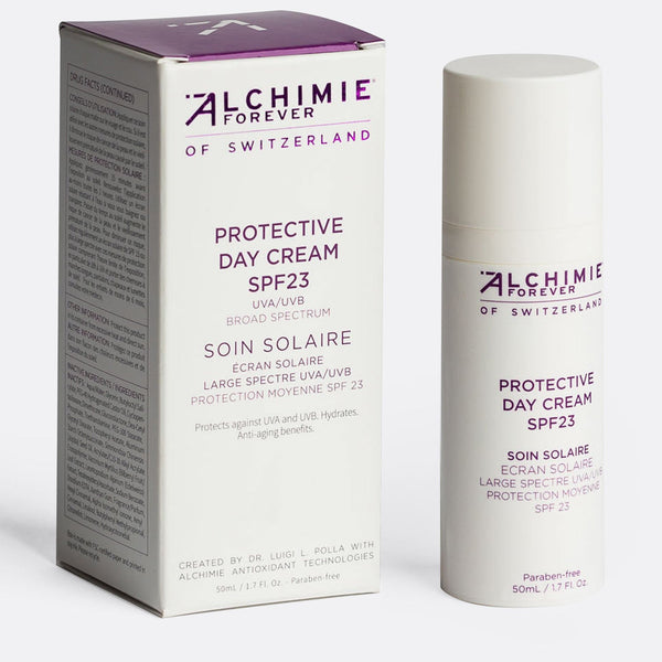 Protective Day Cream SPF 23 | Alchimie Forever skincare product displayed with its box, offering broad spectrum UVA/UVB sun protection and hydration benefits.