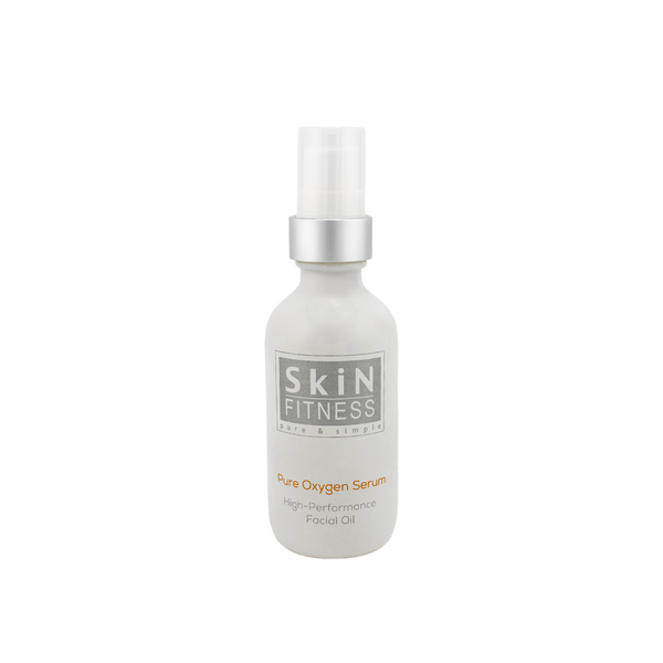 White frosted bottle with a silver pump and label displaying Pure Oxygen Serum | Skin Fitness Therapy high-performance facial oil for skincare.