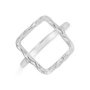 Silver open square ring with textured edges, showcasing modern minimalist design titled Geometry Square Ring | Little Sparkles on a white background.