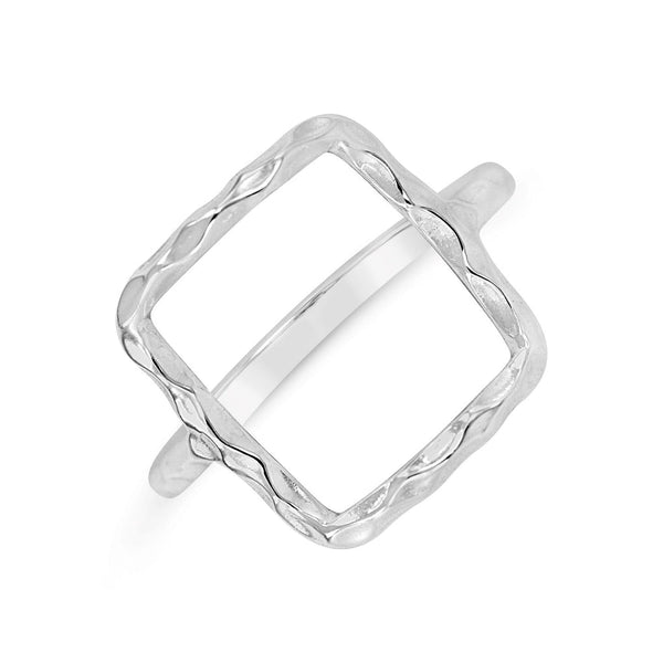 Silver open square ring with textured edges, showcasing modern minimalist design titled Geometry Square Ring | Little Sparkles on a white background.