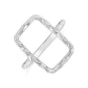 Close-up of a polished silver open rectangle ring with textured edges, named Geometry Rectangle Ring | Little Sparkles, showcasing minimalist modern jewelry design.
