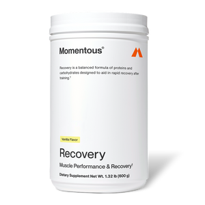White container of Recovery muscle performance dietary supplement in vanilla flavor, designed to support rapid recovery after training.