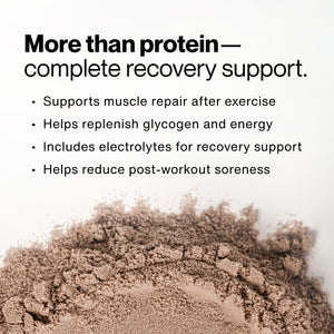 Close-up of chocolate-colored powder with text highlighting Recovery as complete recovery support that aids muscle repair, replenishes energy, includes electrolytes, and reduces post-workout soreness.