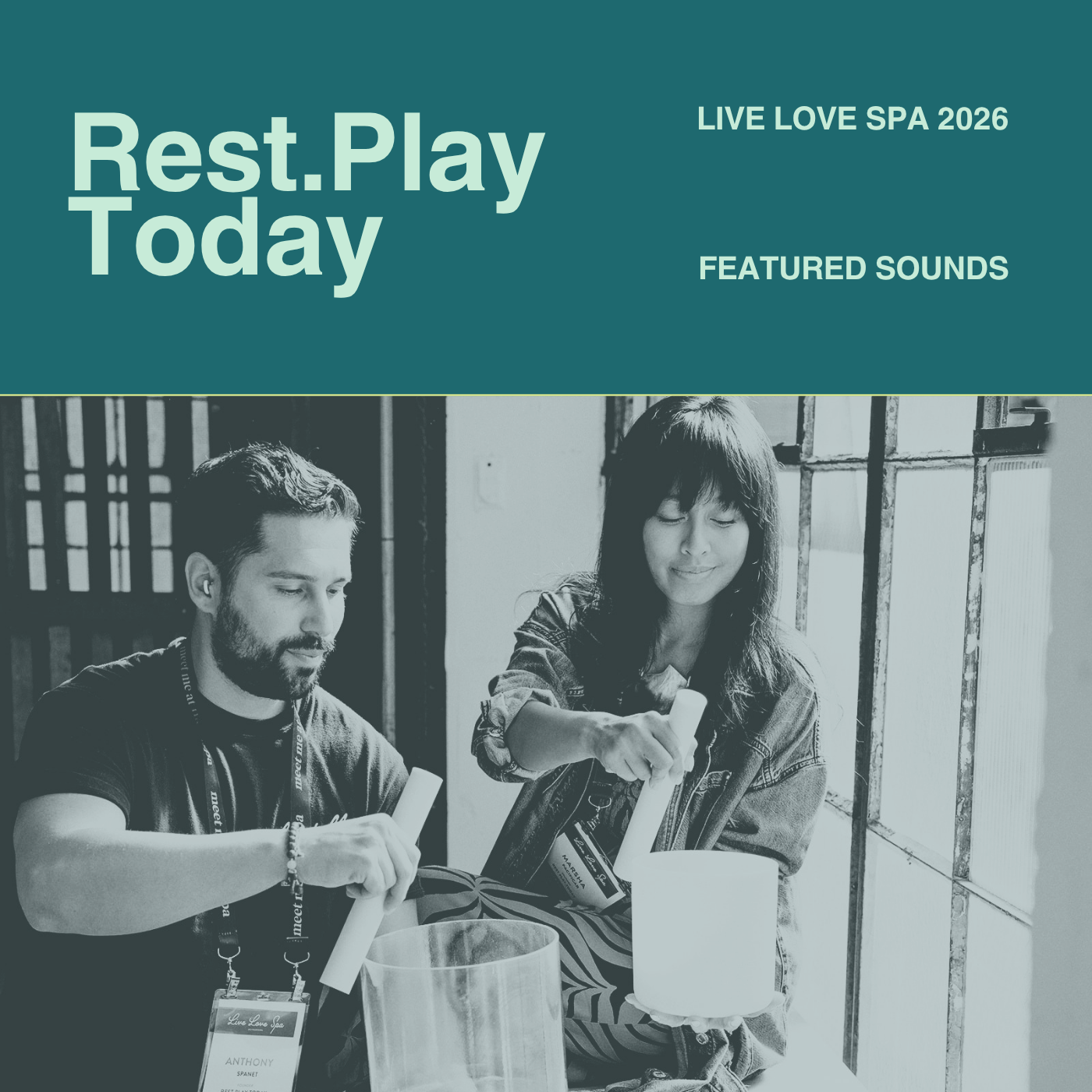 Two people peacefully playing crystal singing bowls together in a softly lit room, promoting relaxation and wellness sounds for Live Love Spa 2026.
