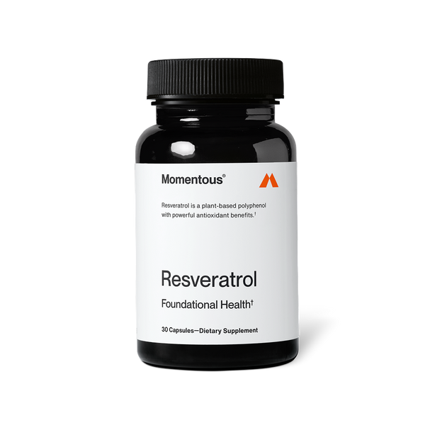 Black bottle of Resveratrol dietary supplement with white label highlighting plant-based polyphenol and antioxidant benefits for foundational health and wellness.
