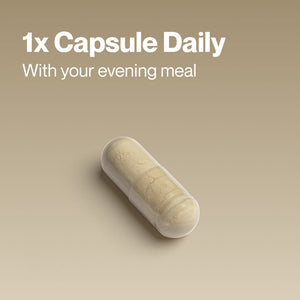 Single beige capsule on a neutral background with text indicating to take one capsule daily with your evening meal for Resveratrol wellness supplements.