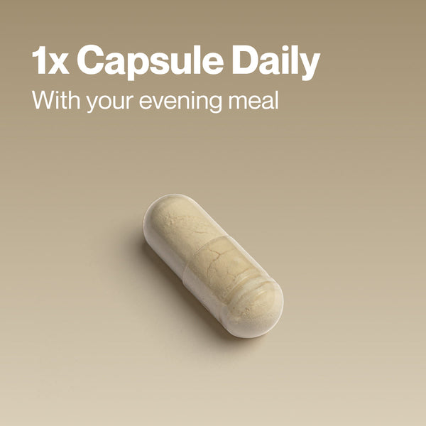 Single beige capsule on a neutral background with text indicating to take one capsule daily with your evening meal for Resveratrol wellness supplements.