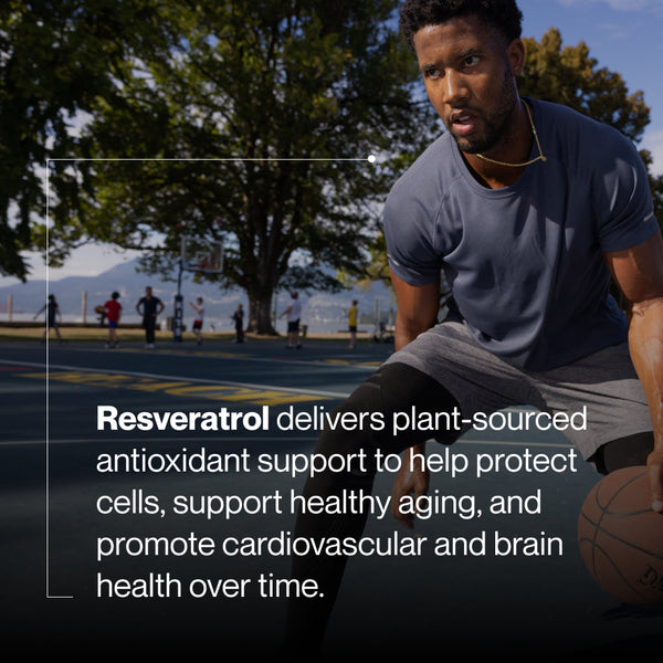 Athletic man holding a basketball on an outdoor court with text describing Resveratrol as a plant-sourced antioxidant supporting cell protection, healthy aging, cardiovascular, and brain health.