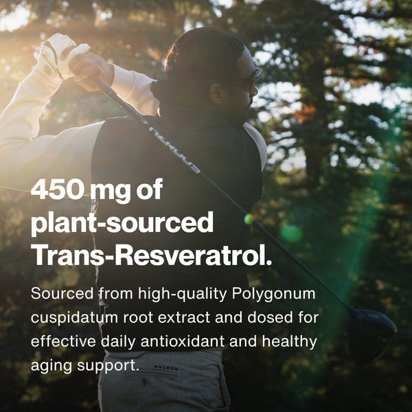 Man swinging a golf club outdoors with sunlight filtering through trees, promoting Resveratrol as a plant-sourced wellness supplement for antioxidant and healthy aging support.