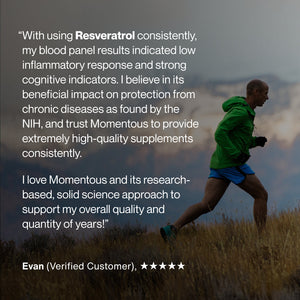Testimonial from a verified customer named Evan explaining the benefits of using Resveratrol for reducing inflammation and supporting cognitive health while showing a man running outdoors in a green jacket at sunset.
