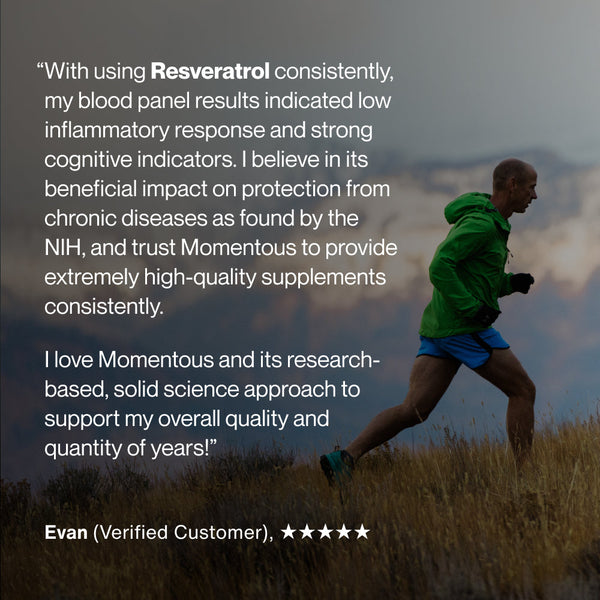 Testimonial from a verified customer named Evan explaining the benefits of using Resveratrol for reducing inflammation and supporting cognitive health while showing a man running outdoors in a green jacket at sunset.
