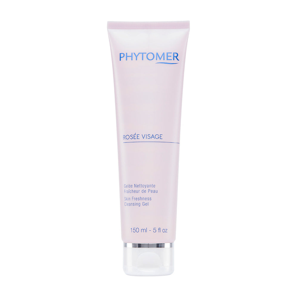 Phytomer Rosée Visage Skin Freshness Cleansing Gel in a pink tube designed for skincare, ideal for refreshing and cleansing the skin with a gentle formula.