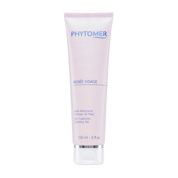 Phytomer Rosée Visage Skin Freshness Cleansing Gel in a pink tube designed for skincare, ideal for refreshing and cleansing the skin with a gentle formula.