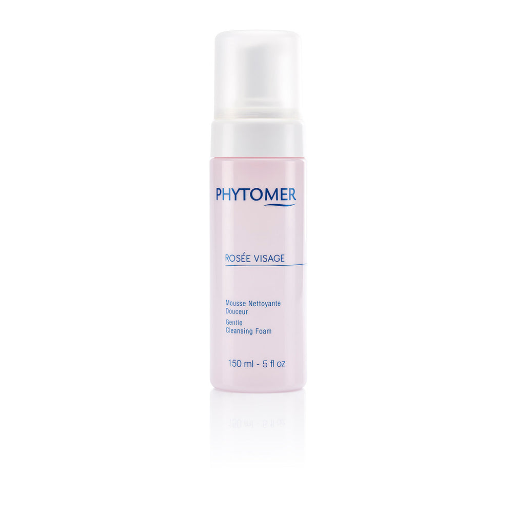 Rosée Visage Gentle Cleansing Foam | Phytomer in a sleek white and pastel pink bottle designed for gentle skincare cleansing and refreshing the face.