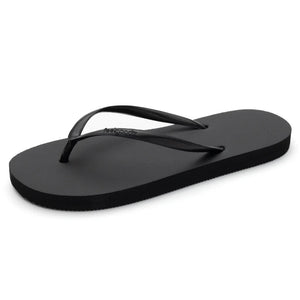 Black minimalist flip-flop sandal with thin straps designed for casual comfort, featuring the Slimz Core Sandals | Feelgoodz branding.
