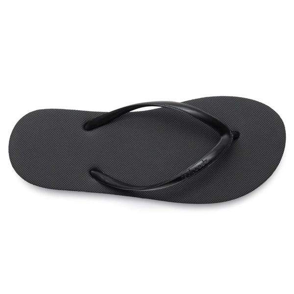 Top view of a simple black flip-flop sandal with a textured footbed and thin straps, designed as Slimz Core Sandals | Feelgoodz for casual wear and comfort.