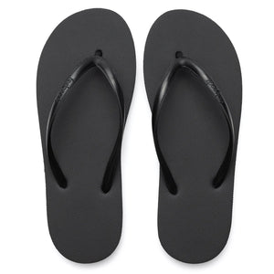 Pair of simple black flip-flop sandals with textured sole and thin straps, designed for casual comfort and style, titled Slimz Core Sandals | Feelgoodz.