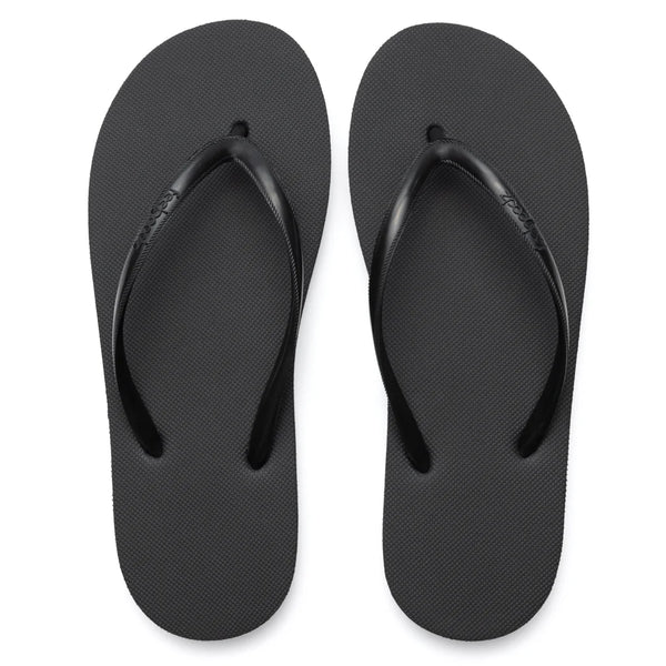 Pair of simple black flip-flop sandals with textured sole and thin straps, designed for casual comfort and style, titled Slimz Core Sandals | Feelgoodz.