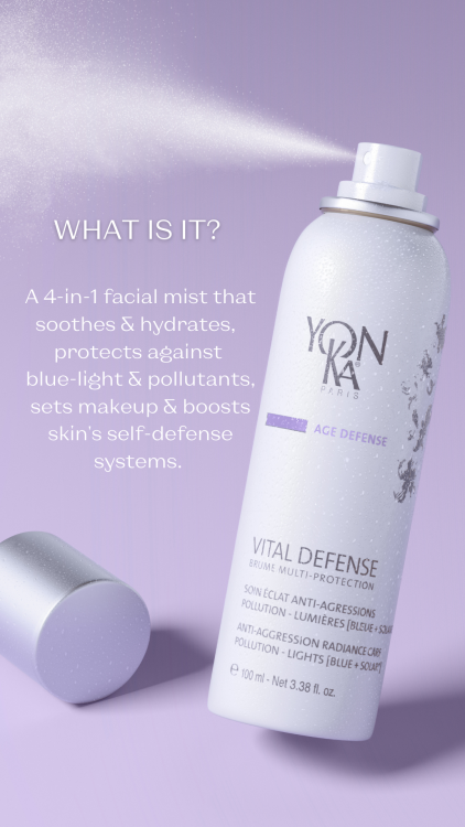 Vital Defense Mist | Yon-Ka Paris facial mist spraying fine hydration mist from a white bottle with purple accents on a lilac background, featuring soothing and protective skincare benefits.