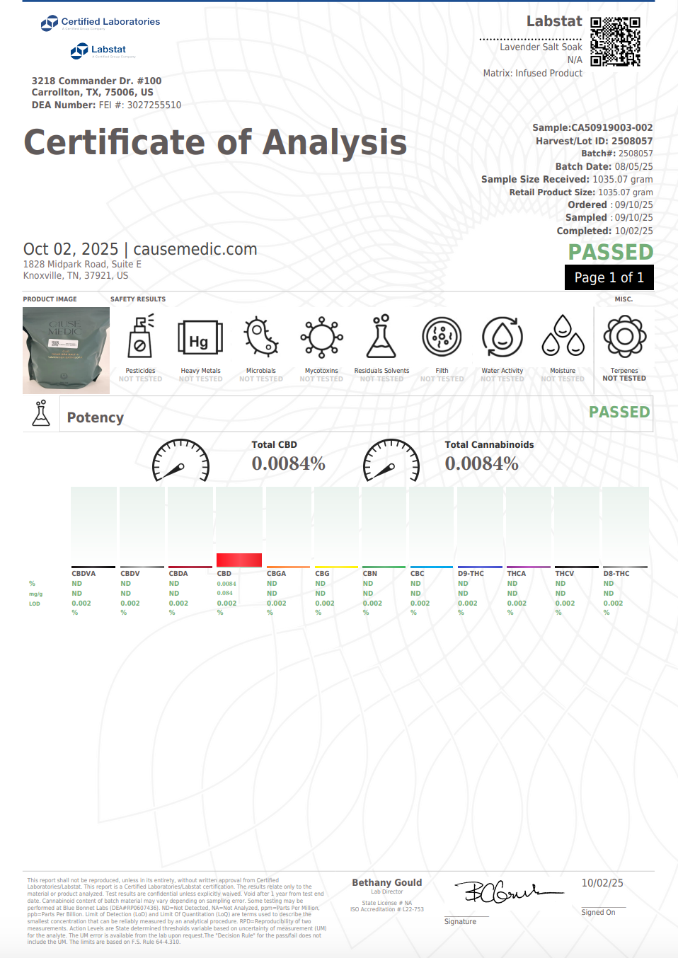 CBD Dead Sea Salt & Lavender Bath Soak (1 serving) | Cause + Medic