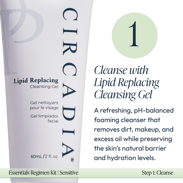 Close-up of Circadia Lipid Replacing Cleansing Gel in a white tube with text describing its use as a pH-balanced foaming cleanser in the Sensitive Regimen Bundle | Circadia.