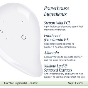 Clear gel drop showing hydration and soothing skincare ingredients including Stepan Mild PCL, Panthenol, Allantoin, and Mallow Leaf with Seaweed Extracts for the Sensitive Regimen Bundle | Circadia.