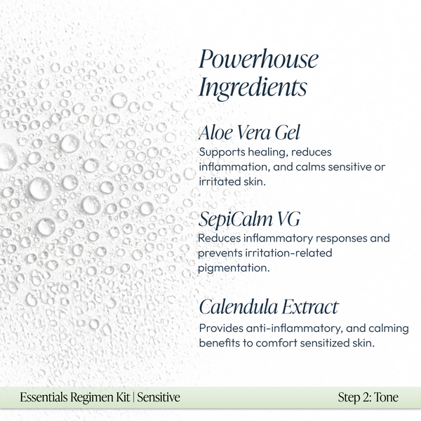 Text detailing powerhouse ingredients in the Sensitive Regimen Bundle | Circadia, including Aloe Vera Gel, SepiCalm VG, and Calendula Extract with soothing and anti-inflammatory benefits for sensitive skin.