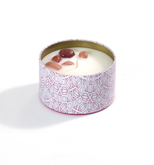 Sensual Candle Tin 6 oz | Aluminate Life featuring a decorative pink geometric patterned tin with white wax and small polished stones set on top for a soothing, spa-like ambiance.