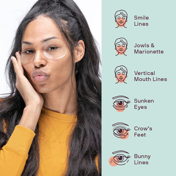 Woman wearing silicone eye patches under her eyes demonstrating targeted skincare for smile lines, jowls, vertical mouth lines, sunken eyes, crow’s feet, and bunny lines with Face to Face Bundle | Dermaclara.