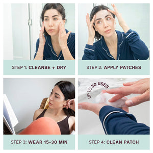 Step-by-step visual guide showing a woman cleansing her face, applying silicone patches around eyes and mouth, wearing them for 15-30 minutes, and cleaning patches for reuse, promoting the Ageless Beauty Bundle | Dermaclara skincare routine.