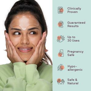Woman with a silicone face wrinkle patch on her forehead, smiling gently, alongside icons highlighting features such as clinically proven, guaranteed results, up to 30 uses, pregnancy safe, hypoallergenic, and safe and natural for the Ageless Beauty Bundle | Dermaclara.