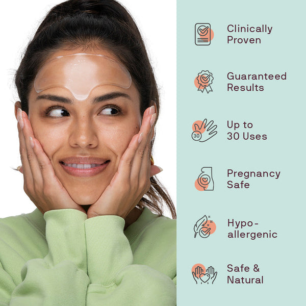 Woman with a silicone face wrinkle patch on her forehead, smiling gently, alongside icons highlighting features such as clinically proven, guaranteed results, up to 30 uses, pregnancy safe, hypoallergenic, and safe and natural for the Ageless Beauty Bundle | Dermaclara.