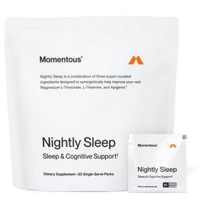 Nightly Sleep 30-Pack dietary supplement package and single-serve pack featuring ingredients for sleep and cognitive support to improve rest and wellness.