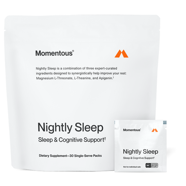 Nightly Sleep 30-Pack dietary supplement package and single-serve pack featuring ingredients for sleep and cognitive support to improve rest and wellness.