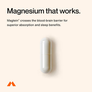White capsule supplement displayed on a light background with text explaining magnesium absorption and sleep benefits, promoting the Nightly Sleep 30-Pack.