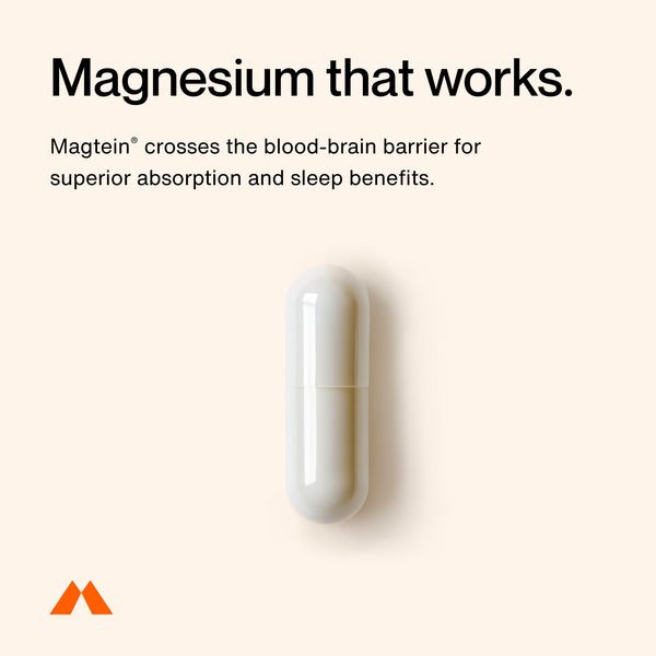 White capsule supplement displayed on a light background with text explaining magnesium absorption and sleep benefits, promoting the Nightly Sleep 30-Pack.