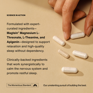 Close-up of a hand reaching for white capsules on a beige surface with text describing the Nightly Sleep 30-Pack’s expert-curated ingredients supporting relaxation and restful sleep.